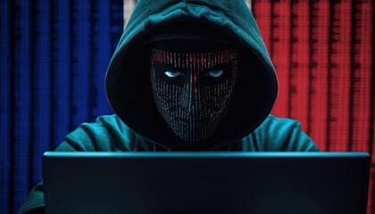 Hacker in hoodie sitting in front of a monitors with France flag background and  cyber security concept