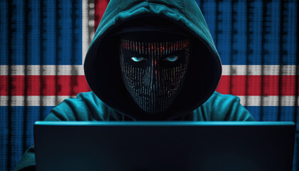 Hacker in hoodie sitting in front of a monitors with Iceland flag background and  cyber security concept