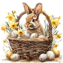 Wall Mural - Easter rabbit with an egg and spring flowers in a wicker basket. Isolated on a white background. Watercolor illustration