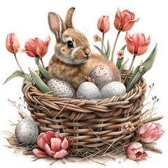 Wall Mural - Easter rabbit with an egg and spring flowers in a wicker basket. Isolated on a white background. Watercolor illustration