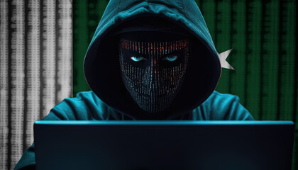 Hacker in hoodie sitting in front of a monitors with Pakistan flag background and  cyber security concept