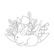 Cute rabbit lying among flowers. Cartoon rabbit in nature. Simple childish coloring book. Kids vector illustration.