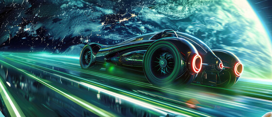 A detailed illustration of a futuristic vehicle powered by clean energy driving on a green earth