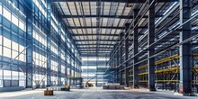 A Huge Building With Scaffolding And Building Supplies, In The Style Of Sleek Metallic Finish, Firecore, Timber Frame Construction, Opaque Resin Panels, Framing, 