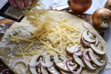 Wall Mural - person grating cheese over dough with sliced mushrooms and onions beside