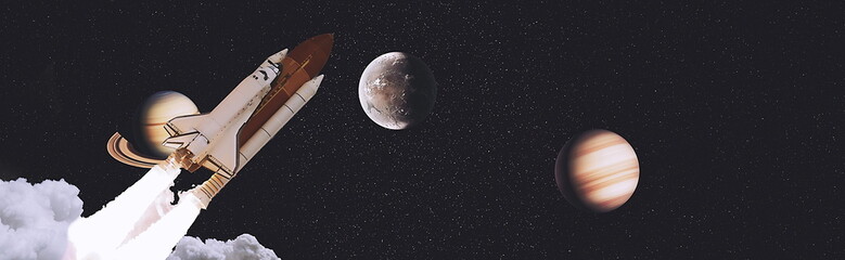 Wall Mural - dark space shuttle launch in the clouds with stars on background.spaceship flight. elements of this 