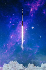 Wall Mural - rockets launch into space on the starry sky. spacecraft flies into space with clouds of smoke. eleme