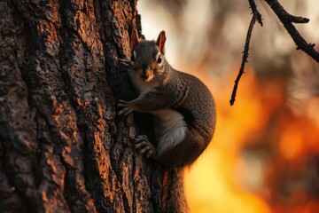 Wall Mural - squirrel on tree trunk, fiery horizon in view