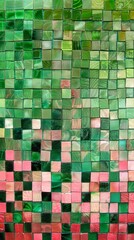 Wall Mural - Detailed view of small green and pink mosaic tiles in varying shades creating a vibrant pattern, background, wallpaper