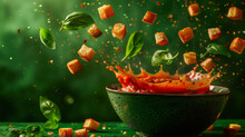 Vibrant Tomato Soup With Croutons Splashing And Basil Leaves Floating, Capturing The Dynamic Motion