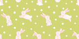 Fototapeta Dziecięca - Easter bunnies Seamless pattern, watercolor style, spring pattern with dots and rabbits, rabbits in different poses seamless pattern, green background, hares spring print for textiles