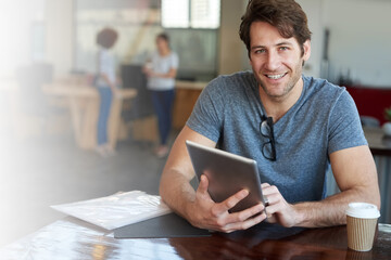 Leinwandbilder - Man, tablet and portrait for research online in creative office, website and internet for information. Male person, app and tech for proposal or business report, schedule and check agenda or email