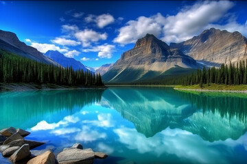 Canvas Print - Beautiful scenery of lake and mountain generative AI
