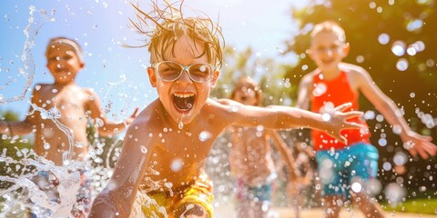 Wall Mural - Beautiful photo of summer fun concept with kid in pool