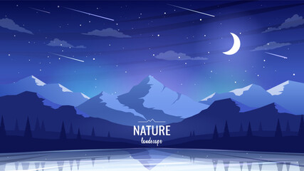 Wall Mural - Night landscape in the mountains. Dark silhouettes of mountains and trees are reflected in the water. The moon and stars in the dark sky illuminate the mountain tops. Vector illustration.