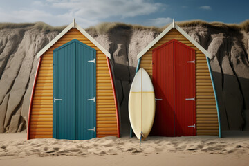 Wall Mural - Surfboards and beach bathing cabins.