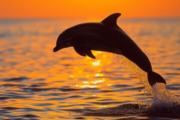 Wall Mural - silhouette of a dolphin jump at sunset near the shore
