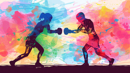 Wall Mural - Abstract illustration of female boxers wearing boxing gloves exercising their punching technique for a championship match in a canvas ring, stock illustration image