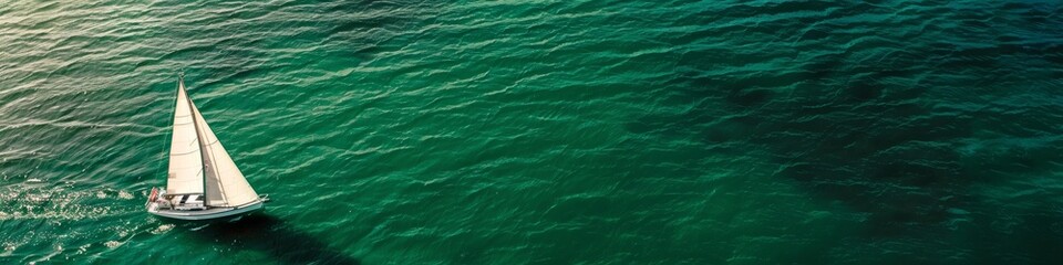 A white sailboat sailing in the middle of an emerald green ocean under a clear blue sky, background, wallpaper, banner, copy space