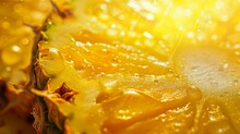 Closeup Of Juicy Pineapple Slice, Refreshing Splash Water Background, Vibrant Yellow, Droplets Detail, Sunlit , Vibrant Color