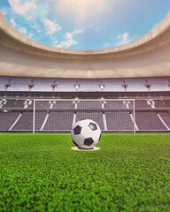 Wall Mural -  Soccer ball in front of soccer goal gate closeup with green grass. 3D Illustration. textured soccer game field. Poster.