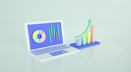 Graph trending upwards, Arrow pointing up on graph. Finance chart uptrend, stock uptrend chart with laptop and candlestick concept. 3d render