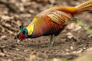 Wall Mural - golden pheasant pecking at ground insects
