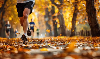 Close up of a male runner during an autumn marathon race in a city park, with a blurred background