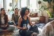 A diverse group of people gathers in a cozy living room, engaged in various self-care activities. The atmosphere is serene and supportive, promoting relaxation and well-being.