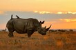 rhino with oxpeckers on back at sunset