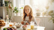 © Kufotos - A little girl eats a healthy breakfast in the kitchen with healthy products in the morning sunlight. Healthy nutrition concept for children.  Generated AI. Cozy homely atmosphere