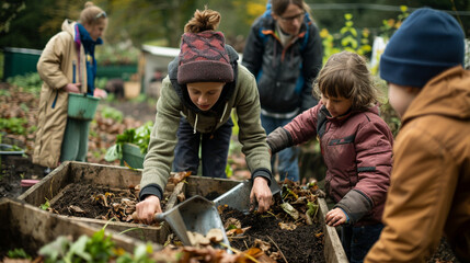 Families coming together to build a community composting system for organic waste recycling - happiness, joy, love, respect