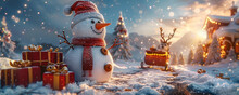 A Festive Scene Of A Snowman And A Reindeer With A Sleigh Full Of Presents