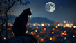 Daring cat burglar, outlined against a backdrop of distant city lights, the moon casting a silvery sheen over its fur.