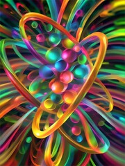 Wall Mural - Vivid, colorful abstract spheres with glowing rings on a vibrant radial background.

