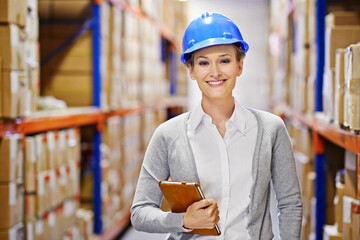 Poster - Tablet, portrait or woman in warehouse for inspection, shipping delivery, product or stock in factory by shelf. Printing logistics, safety inspector or boxes for package or cargo for online order