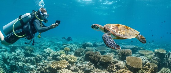 Wall Mural - Marine life and underwater world concepts depicting scuba diver taking a photo of Hawksbill Turtle swimming over coral reef in the blue sea.