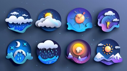 Poster - Icons set for the weather forecast widget. Modern illustration, 3D mobile app template, weather cartoon sign. Thunderstorm, rain, sunny day, fog, winter snow, night.