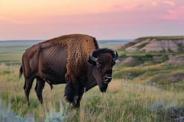 Wall Mural - bison standing in grassland, sunset hues above