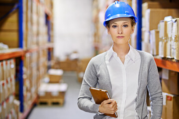 Poster - Tablet, portrait or woman in factory for inspection, shipping delivery, product or stock in warehouse by shelf. Printing logistics, safety inspector or boxes for package or cargo for online order