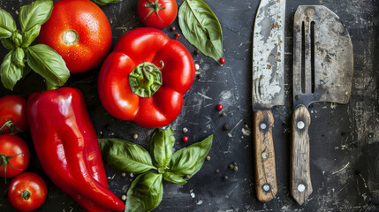 Wall Mural - A close up of a table with a variety of vegetables including tomatoes, peppers, and basil. A knife and a pair of scissors are also on the table. Scene is that of a kitchen or a cooking area
