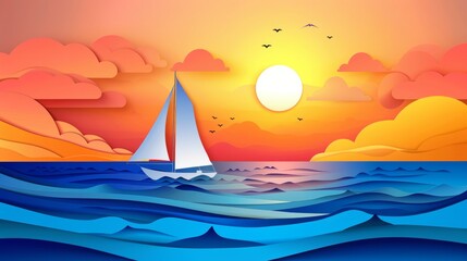 Poster - The illustration shows a sea view and sunset at night with a sailing boat floating in the sea. A seascape with a floating boat in the sea at sunset. Paper cut and craft style. Vector, illustration.