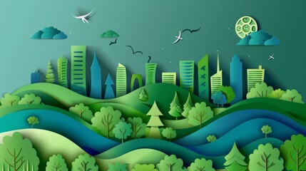 Wall Mural - Ecocity concept design with modern illustration of green energy and environment protection.