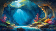 Sea Cave Serenity: Blue and yellow hues blend underwater, forming a tranquil cave beneath the ocean surface