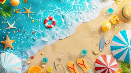 Canvas Print - Including umbrellas, balls, a swim ring, sunglasses, a surfboard, a hat, sandals, juice, starfish, and seaweed in a top view beach background.