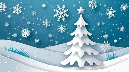 Poster - An illustrated Christmas tree on a background of snowflakes, greeting card.