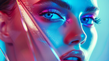 Sticker - A woman with blue eyes and purple eyeshadow. She is wearing a silver necklace. The image has a bright and colorful mood. a modern and futuristic cosmetic news poster - advance in cosmetic industry