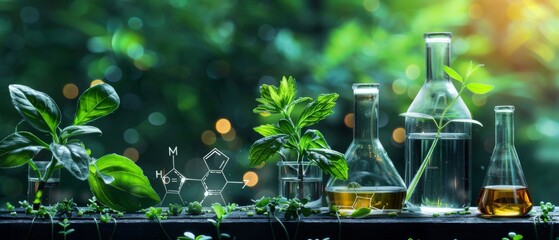 Poster - On a green background, biology laboratory plants with biochemistry structure and chemical formula.