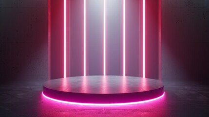 Fototapete - This is an abstract, shiny silver cylinder pedestal podium scene with vertical neon lighting. The picture is rendered in 3D, and the presentation is a product display presentation. The background is