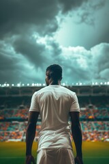 Wall Mural - Back of a soccer player in pure white blank soccer jersey, big soccer stadium with full of crowd in the background. Cloudy weather
